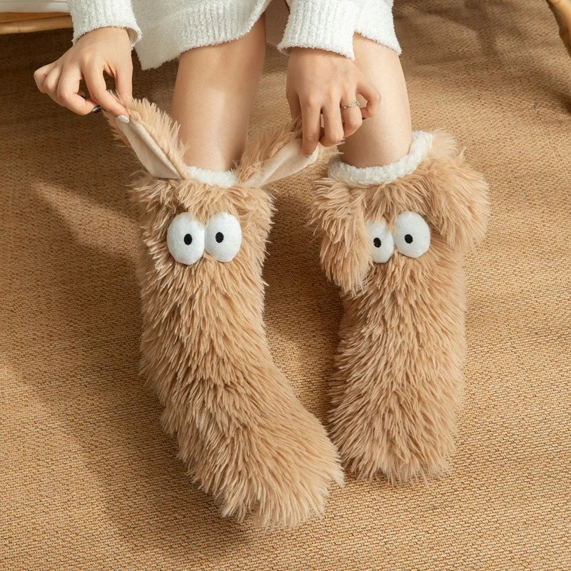 Women's Men Winter Kawaii Big Eyes Slipper Socks with Puppy Ears Cartoon Non-slip Floor Socks Warm Thickened Coral Stockings  ﻿