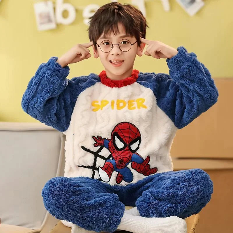 New Autumn Winter Children Flannel Pajama Set Teen Boys Cartoon Spiderman Velvet Thicken Long Sleeves Pants 2pcs Kids Sleepwear