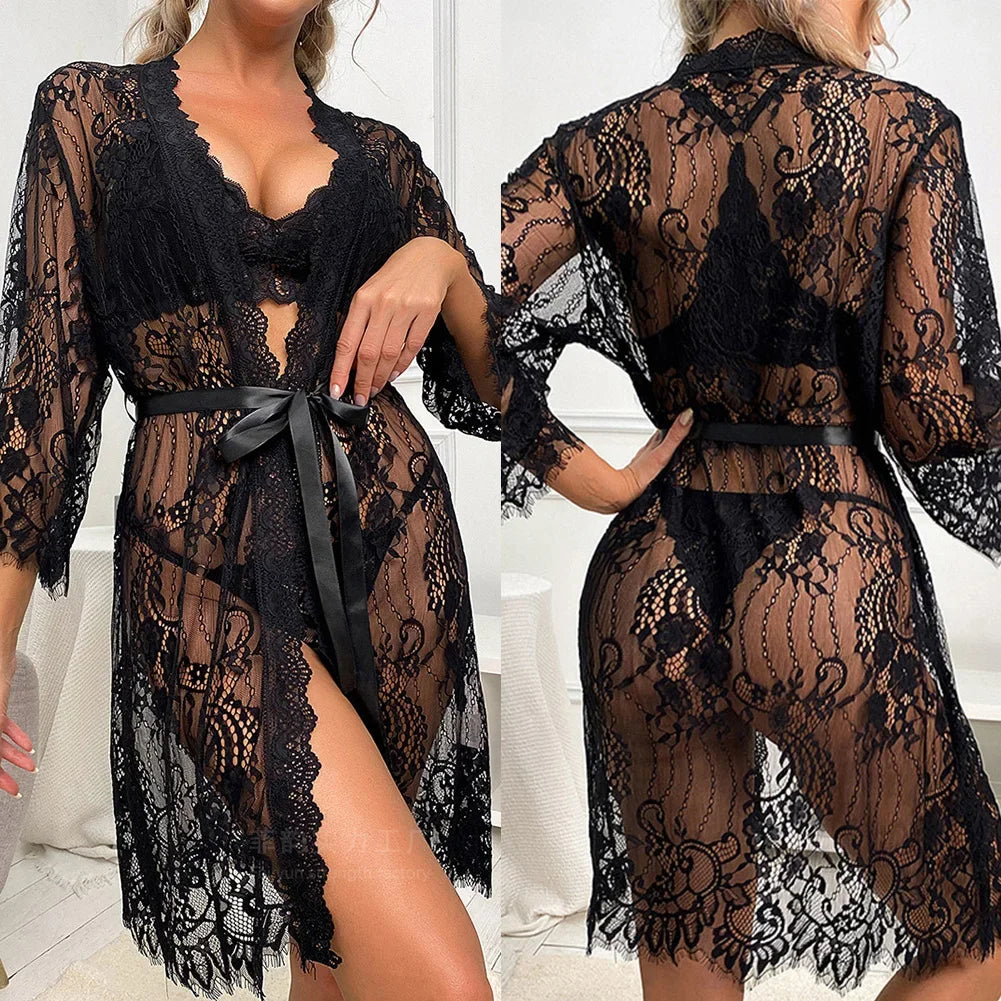 Women's Sexy Lace Robes Sexy Long Lingerie Soft Comfortable Sleepwear Nightwear Lady's Bathrobe Dress See Through Sheer Pajamas