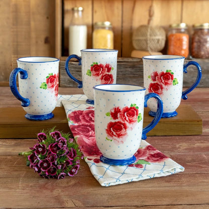 Heritage Floral Coffee Mug Set 4-Piece Stoneware Tea Cups Dishwasher Microwave Safe Rustic Kitchen Gift