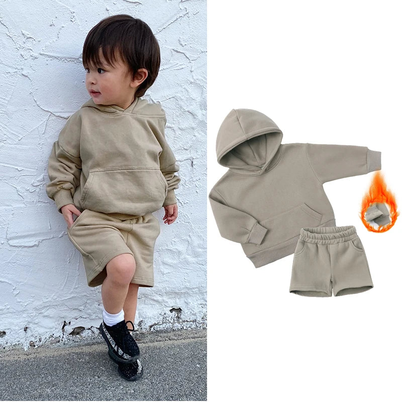 2025 New Winter Kids Boys Girls Clothes 2 Pieces Tracksuit Outfits Set Solid Top Sweatshirt+Elastic Joggers Shorts Causal Suit