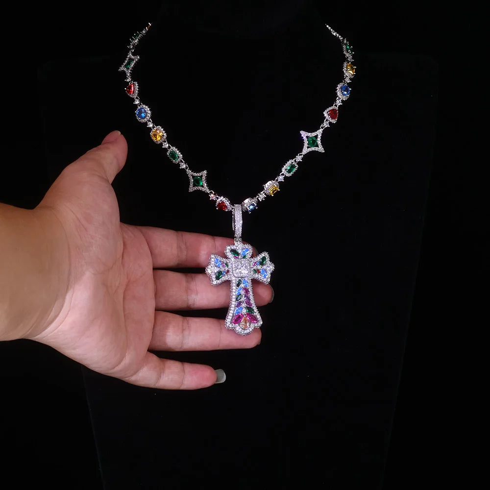 Trendy New Arrivals Cross Pendant Necklace Fancy Cut Diamonds Fashion Iced Out Multi-Colored Gemstones Chain Hip Hop Jewelry