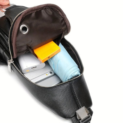 Men’s Vintage PU Leather Sling Bag – Large Capacity Crossbody Chest Bag with Multi-Pockets, Secure Buckle Closure – Stylish Comm