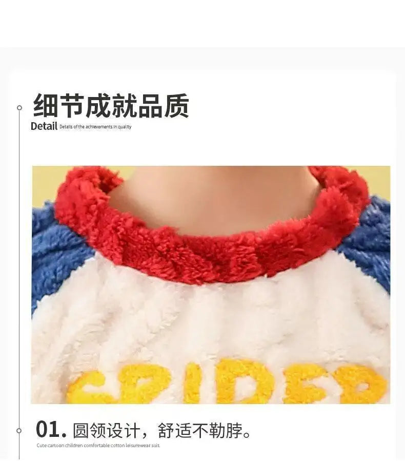 New Autumn Winter Children Flannel Pajama Set Teen Boys Cartoon Spiderman Velvet Thicken Long Sleeves Pants 2pcs Kids Sleepwear