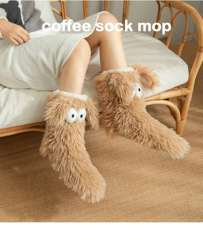 Women's Men Winter Kawaii Big Eyes Slipper Socks with Puppy Ears Cartoon Non-slip Floor Socks Warm Thickened Coral Stockings  ﻿