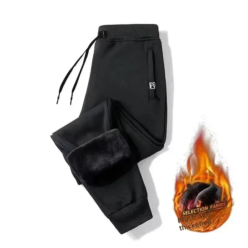 Men's Autumn/Winter Fleece-Lined and Thickened Sweatpants Versatile Casual Straight-Leg Pants Loose-Fitzip-Upocket Solid Color W