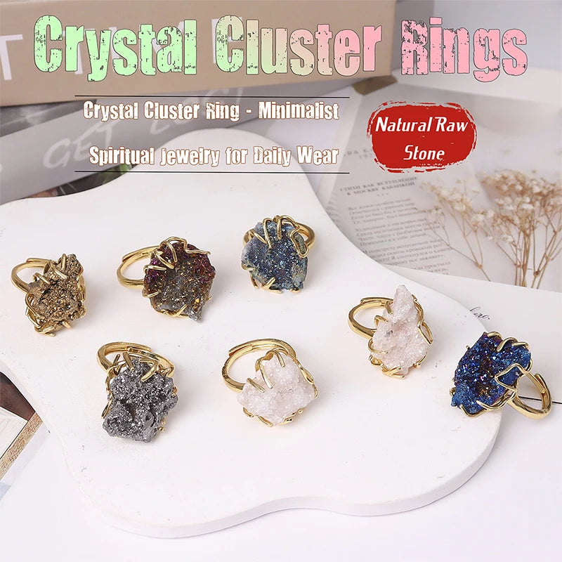 2025 Adjustable Natural Crystal Raw Cluster Ring Colorful Healing Crystal Jewelry Unisex Crystal Wristband Mindfulness Accessory