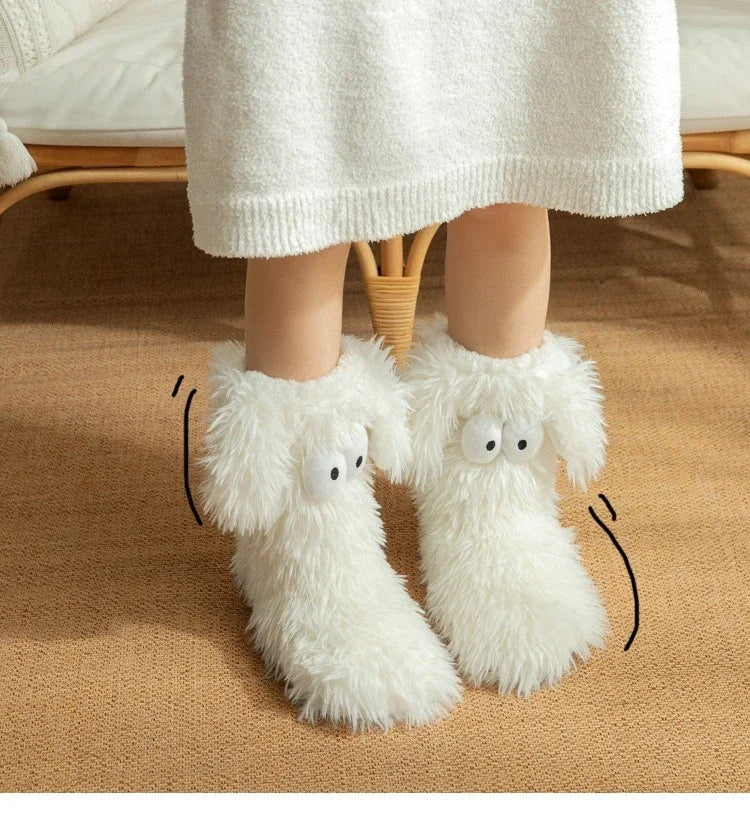 Women's Men Winter Kawaii Big Eyes Slipper Socks with Puppy Ears Cartoon Non-slip Floor Socks Warm Thickened Coral Stockings  ﻿