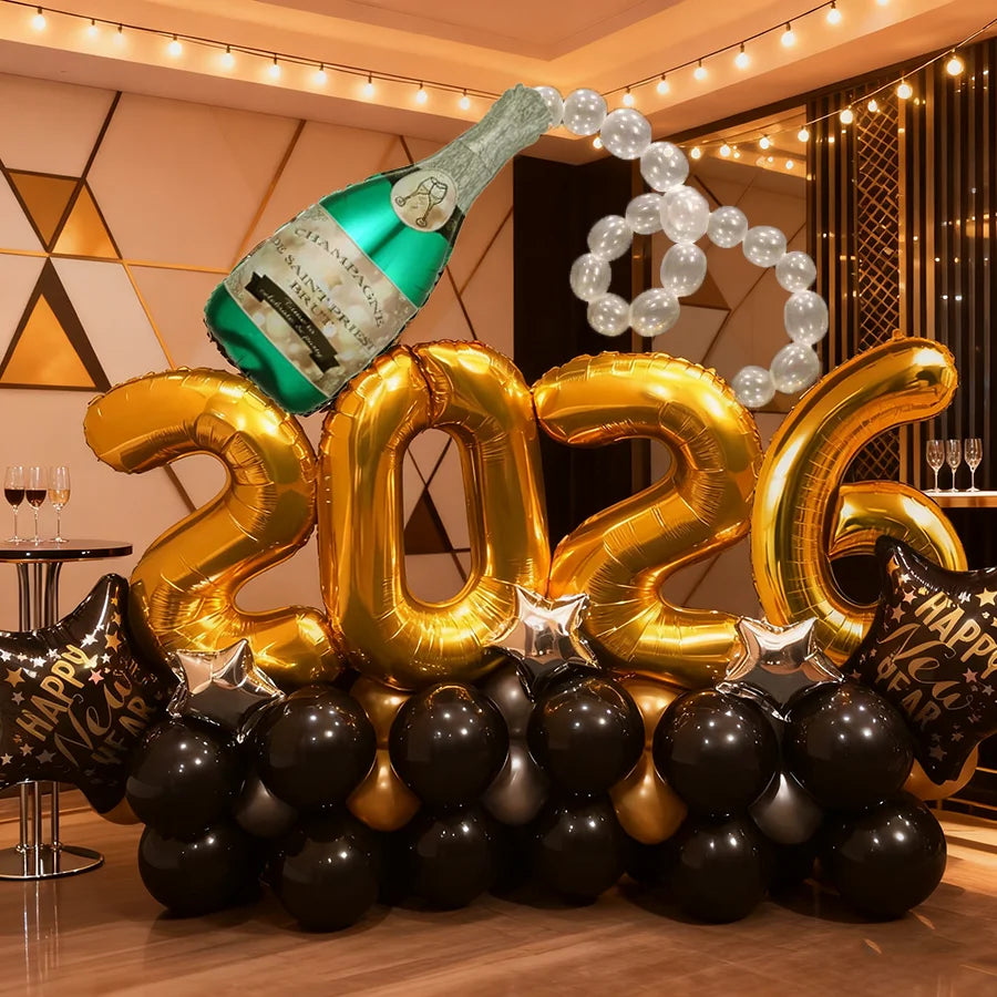 2026 New Year Party Balloon Set Wine Bottle Shaped Aluminum Film Balloon Gold Silver Black Balloon New Year Carnival Decoration