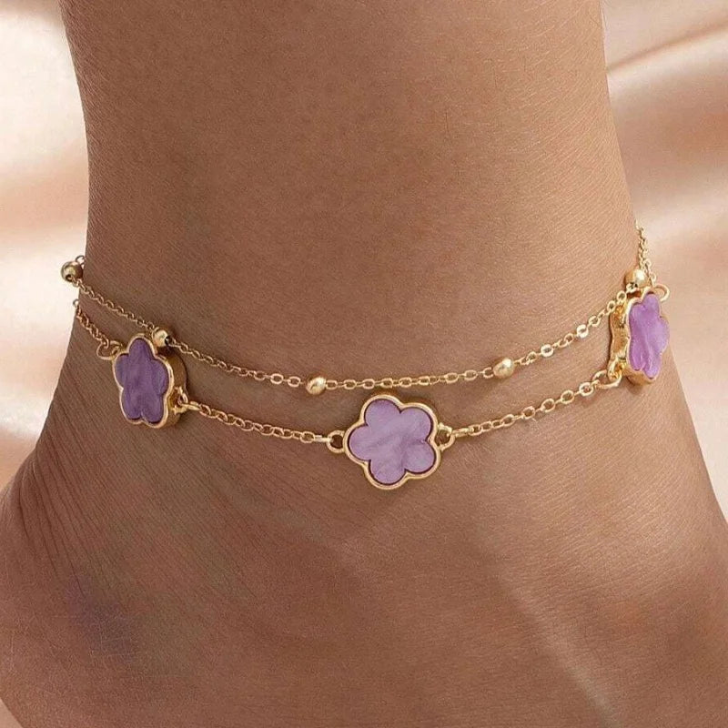 Elegant Double Layer Five-Leaf Clover Anklet for Women Exquisite Lucky Floral Summer Beach Hoilday Jewelry Gifts