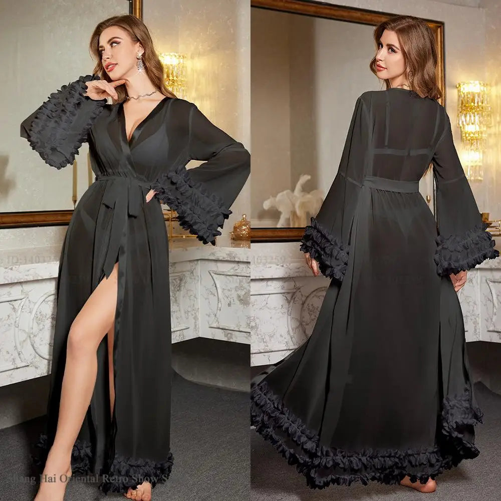 Bride Bridesmaid Wedding Robe Dress Long Bathrobe Sexy White Lace Perspective Sleepwear Home Clothes Loose Nightgown Loungewear