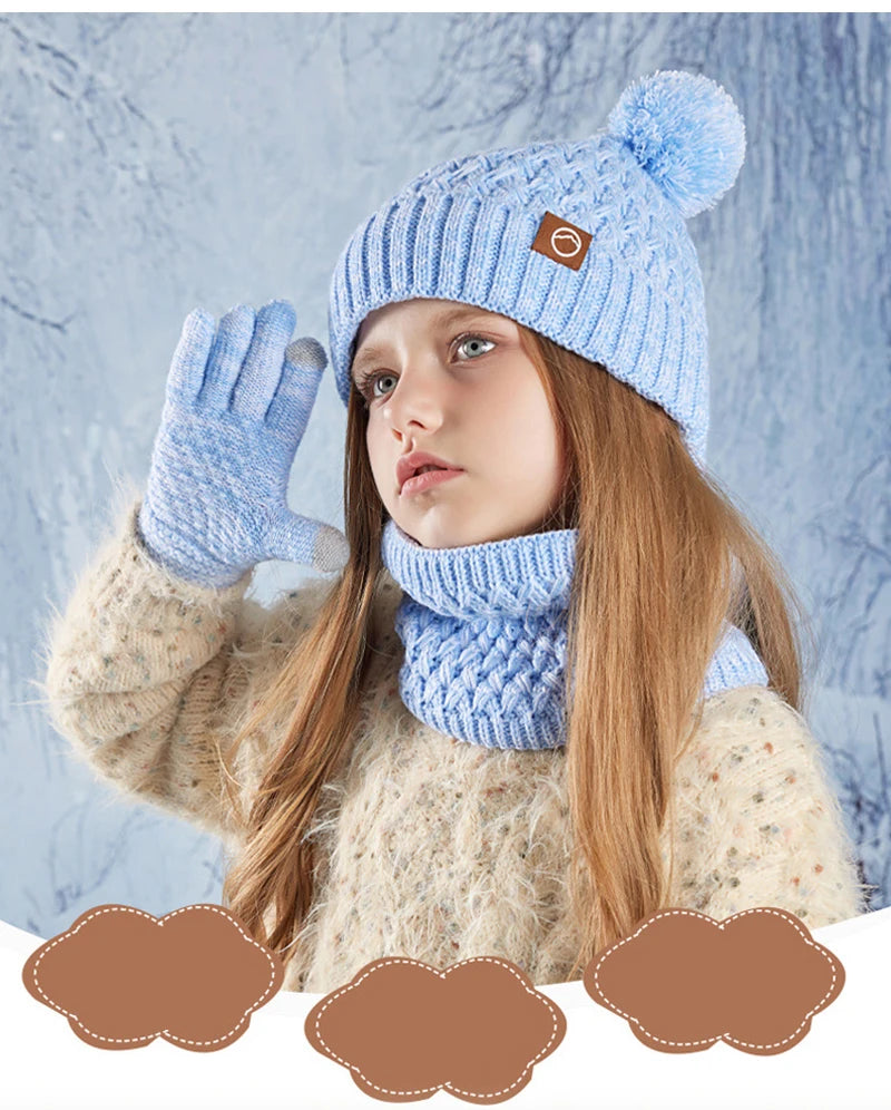 3Pcs Winter Kids Hat Set for Girls Boys Warm Knitted Children Beanie Scarf Gloves Fleece Lining Pompom Children Cap 4-10Y