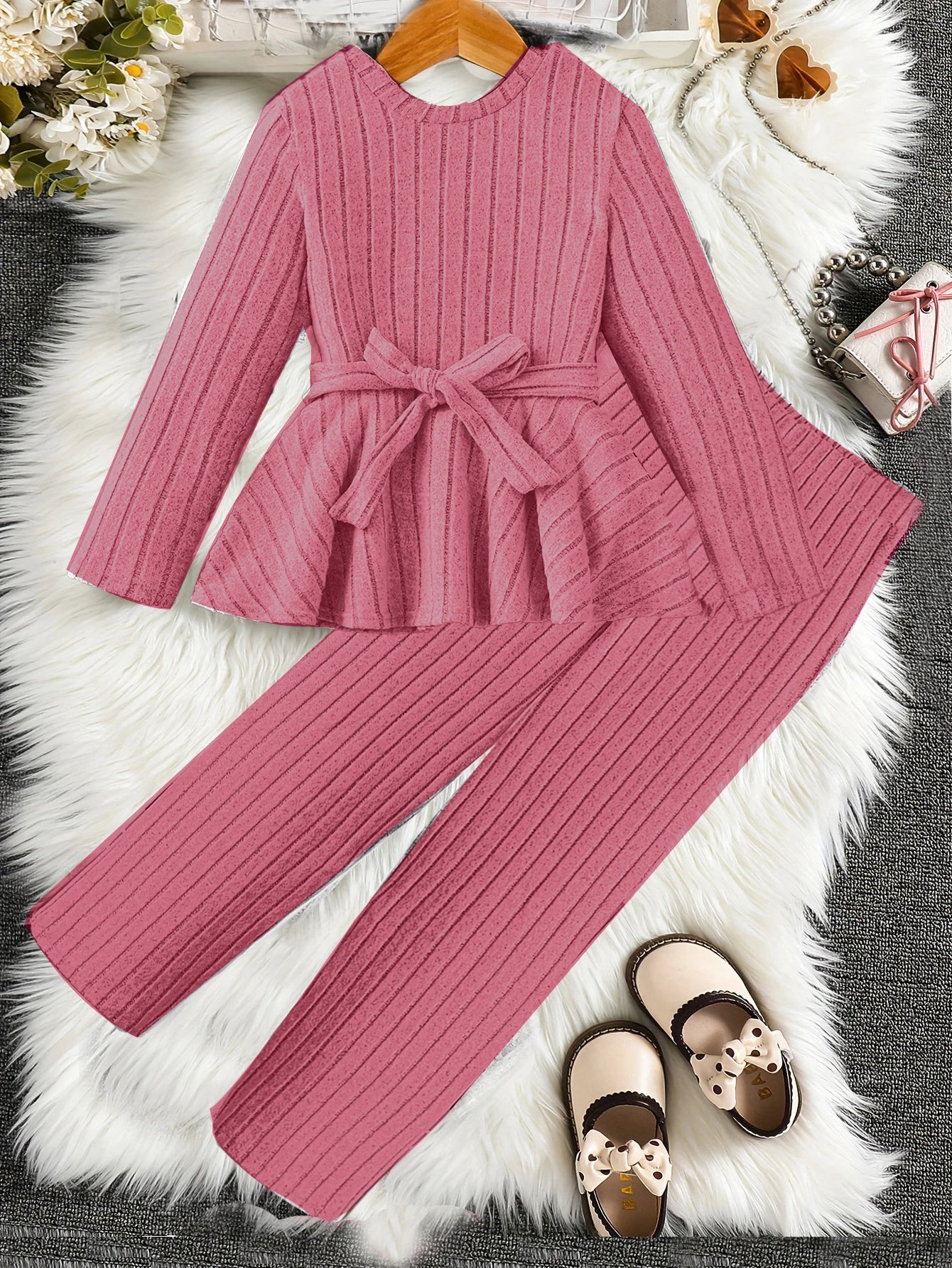 Two Piece Set  Girls' Set Winter Long Sleeved Casual Ruffle Edge Skirt For Girls' Clothing Wide Leg Pants For Big Boys Versatile
