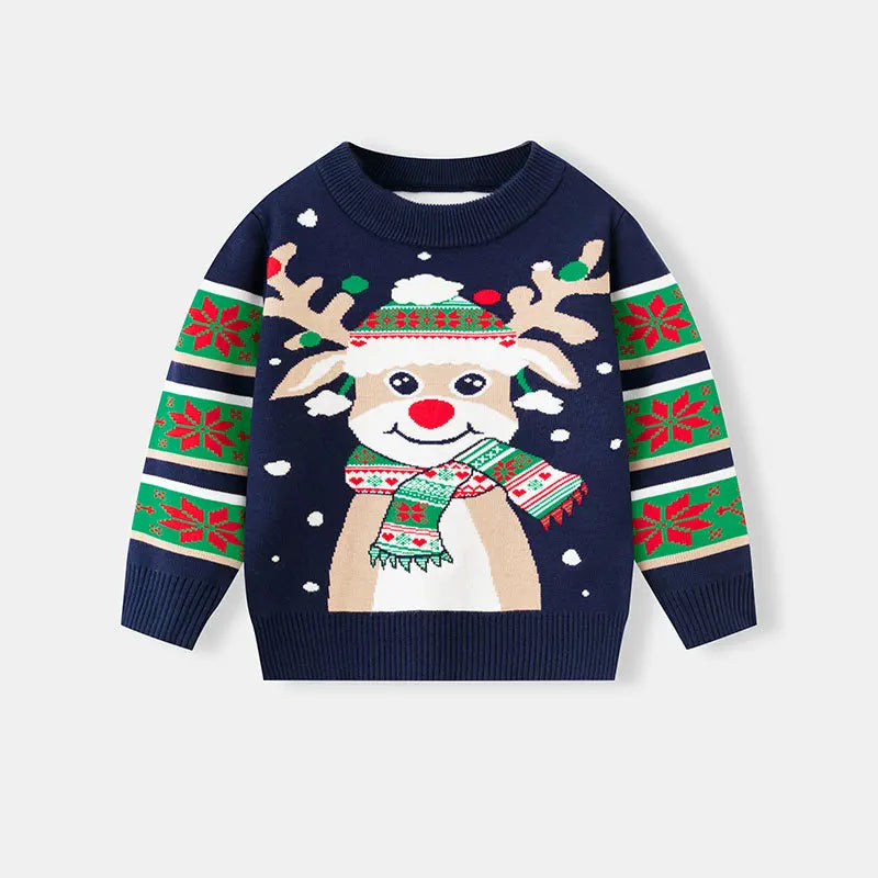 Kids Christmas Plush Pullover Sweater Warm Winter Autumn Cartoon Print Green O-Neck Unisex Clothing for Boys And Girls 2-7 Years