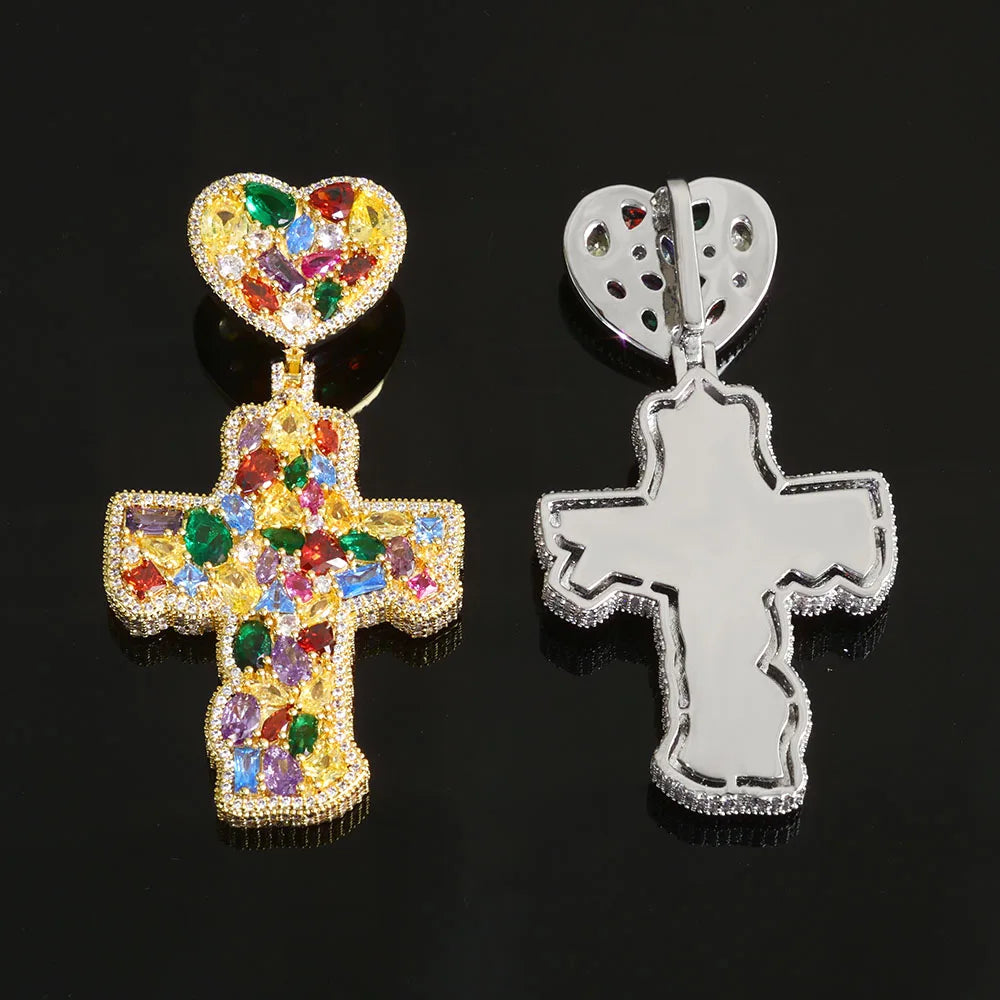 Trendy New Arrivals Cross Pendant Necklace Fancy Cut Diamonds Fashion Iced Out Multi-Colored Gemstones Chain Hip Hop Jewelry