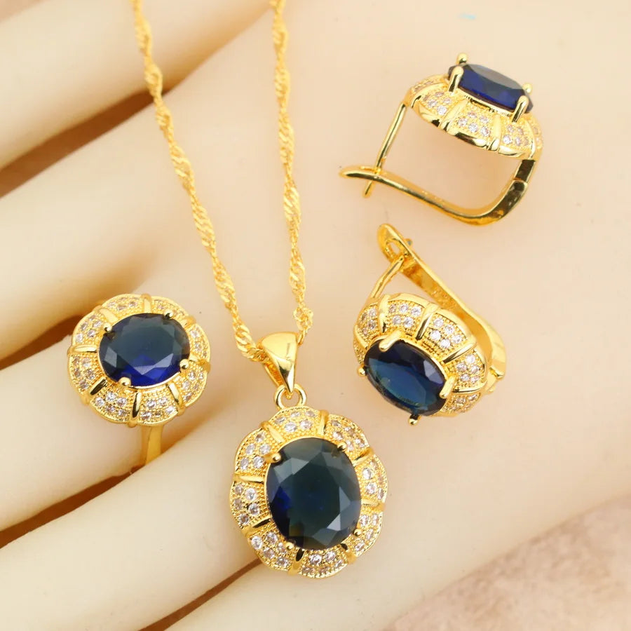 Classic 18K Gold Plated Bridal Jewelry Sets for Women Blue Crystal Club Earrings Necklace Pendant Ring Wedding Gift