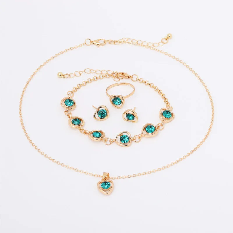 Women Crystal Love Jewelry 4 Piece Set Fashionable Elegant High End Peach Heart Necklace Earrings Rings Bracelets Necklace Set