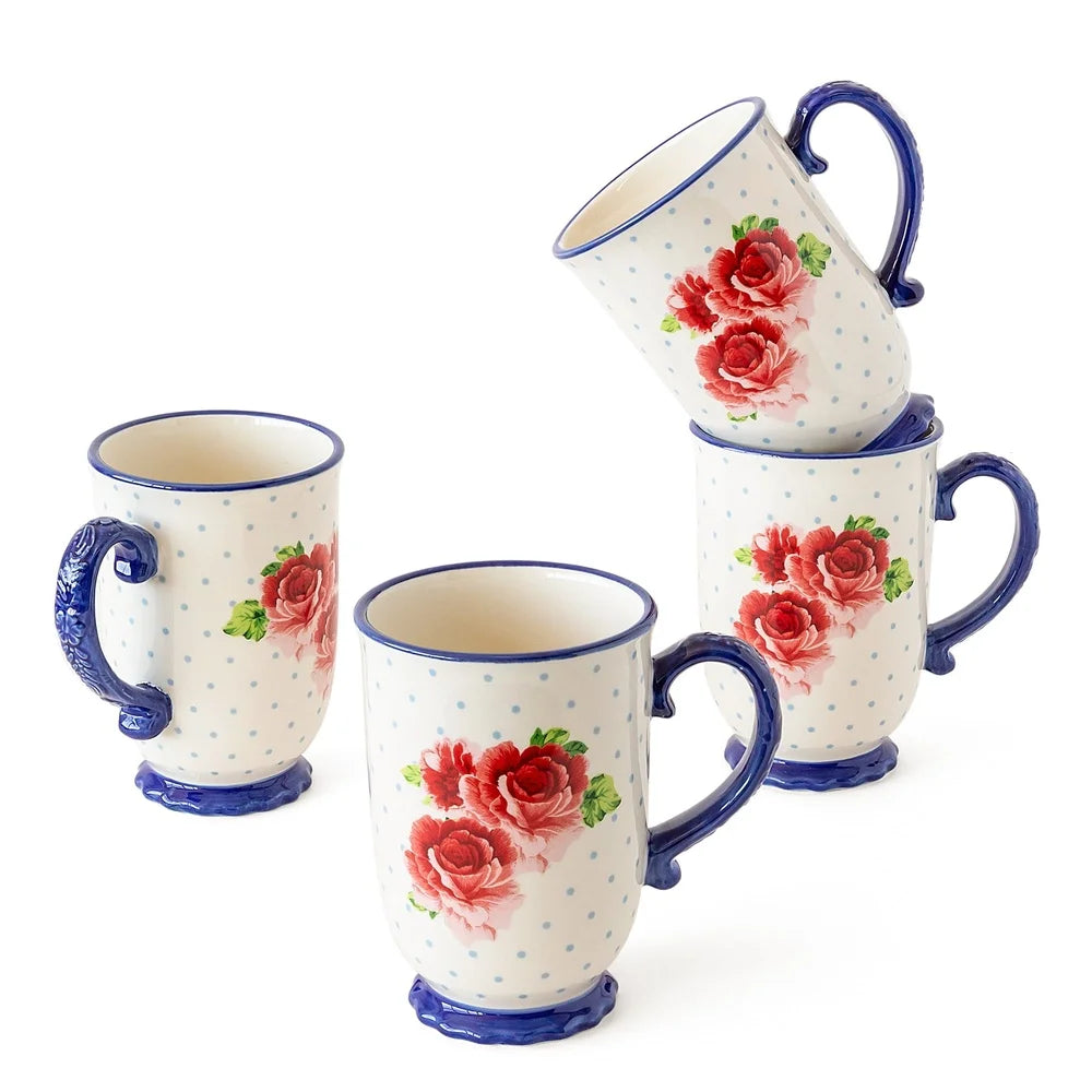 Heritage Floral Coffee Mug Set 4-Piece Stoneware Tea Cups Dishwasher Microwave Safe Rustic Kitchen Gift