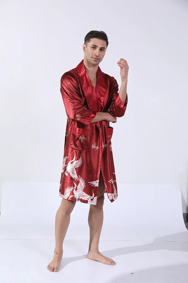 Men Kimono Satin Home Bathrobe Gown Satin Sleepwear Loose Loungewear Lapel Peignoir Homme Loose Nightwear Male Dressing Gown