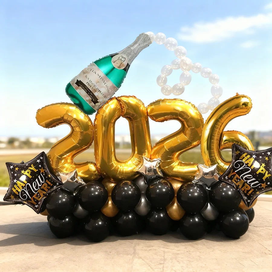2026 New Year Party Balloon Set Wine Bottle Shaped Aluminum Film Balloon Gold Silver Black Balloon New Year Carnival Decoration