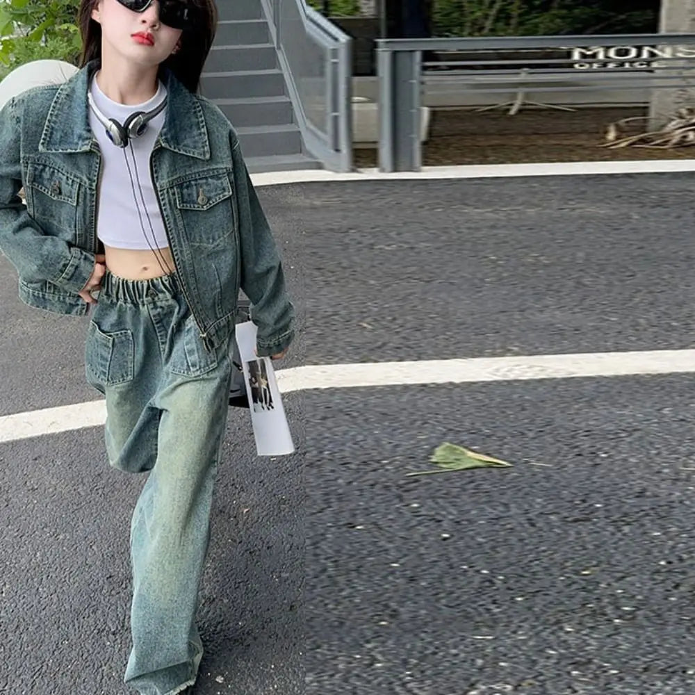 Two Pieces Set Y2K Children Cowboy Set Wide Leg Pants Loose Jeans Jacket Suit Teens Retro Girls Clothes Set Party