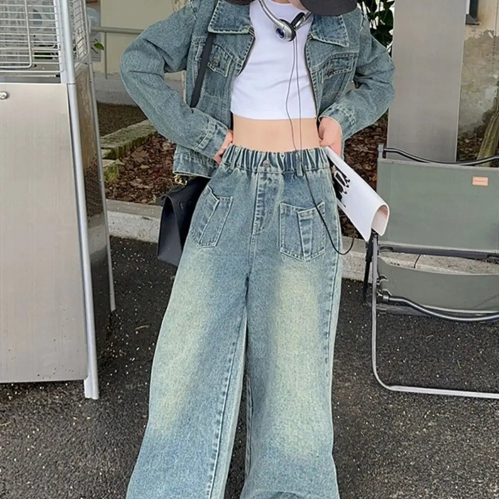Two Pieces Set Y2K Children Cowboy Set Wide Leg Pants Loose Jeans Jacket Suit Teens Retro Girls Clothes Set Party