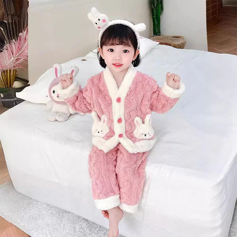 Girls Winter Clothes 2pcs Girl Thicken Pajamas Set Plus Velvet Children Winter Warm Sleepwear Suits Kids Winter Clothing