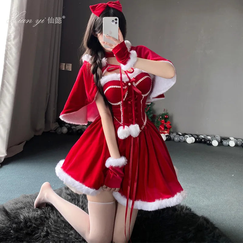 Cute Chic Lady Christmas Tube Dress Women Santa Claus Cosplay Costume with Fur cape New Year Lolita Party Costume