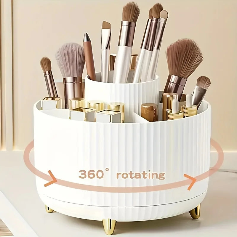 360° Rotating Makeup Organizer - 1pc Plastic Cosmetic Storage with 5 Compartments - Multi-Functional Holder for Brushes