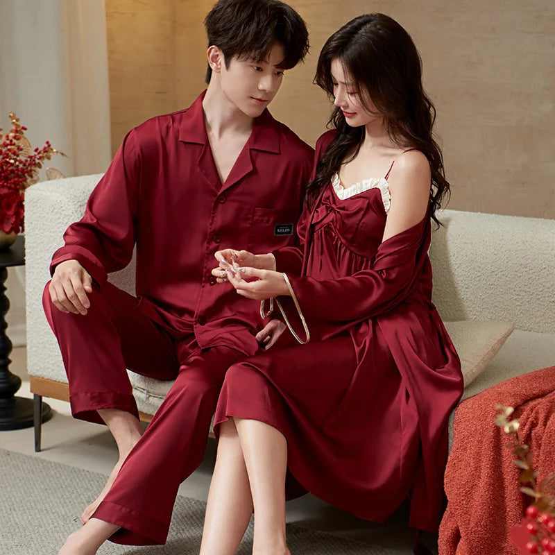 Couple Lounge Sleep Wear Silk Pajamas Set Men Shirt Pants Women Sling Nightdress Robes Wedding Sleepwear