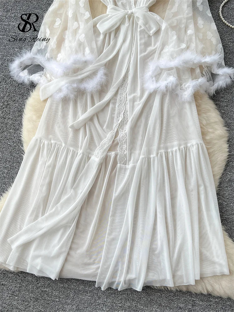 SINGREINY Women Elegant Sheer Sexy Cardigan Robes Wools Spliced Long Sleeve Shawls Fashion French Gauze Transparent Long Robes