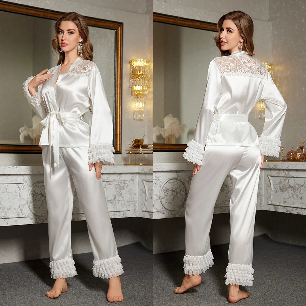 Sexy Loungewear Women Pajamas Suit Fashion Lace Satin Patchwork Applique Homewear Rayon Outfit Sleepwear Spring Nightwear