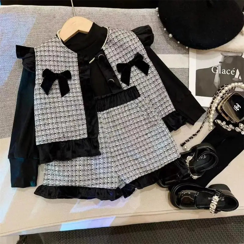 New Girls Autumn Winter Plaid Three Piece Set Solid Long Sleeves Top Boutique Vest Sister Matching Fashion Shorts for Girl