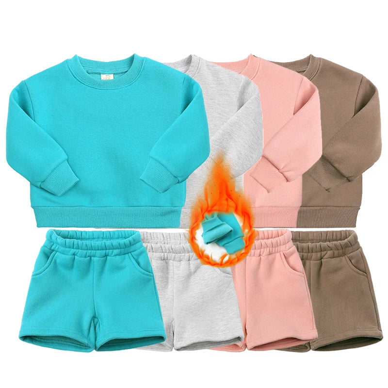 2025 New Winter Kids Boys Girls Clothes 2 Pieces Tracksuit Outfits Set Solid Top Sweatshirt+Elastic Joggers Shorts Causal Suit