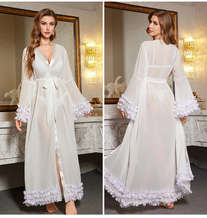 Bride Bridesmaid Wedding Robe Dress Long Bathrobe Sexy White Lace Perspective Sleepwear Home Clothes Loose Nightgown Loungewear