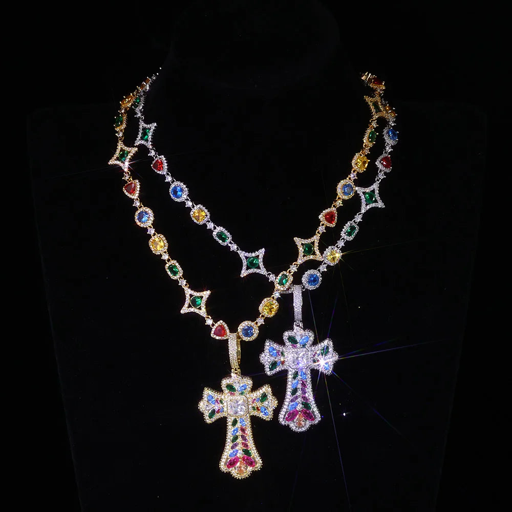 Trendy New Arrivals Cross Pendant Necklace Fancy Cut Diamonds Fashion Iced Out Multi-Colored Gemstones Chain Hip Hop Jewelry