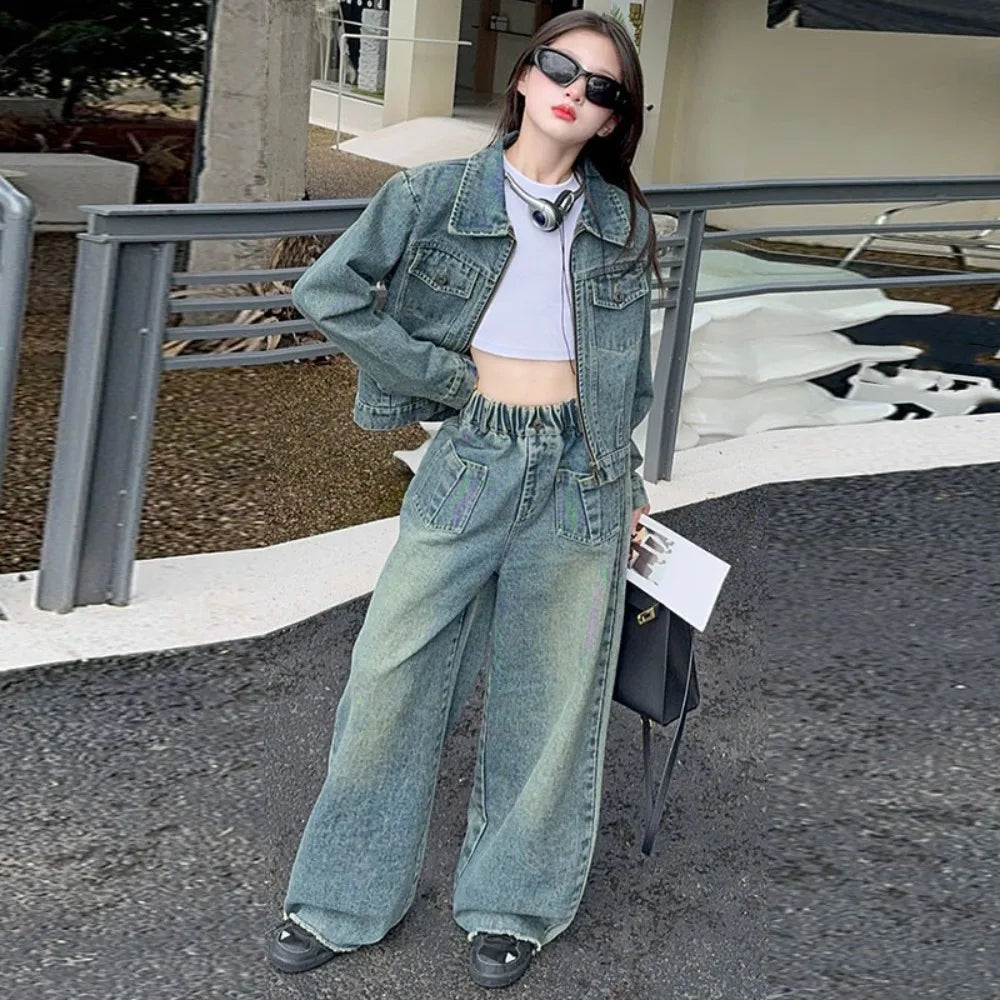 Two Pieces Set Y2K Children Cowboy Set Wide Leg Pants Loose Jeans Jacket Suit Teens Retro Girls Clothes Set Party