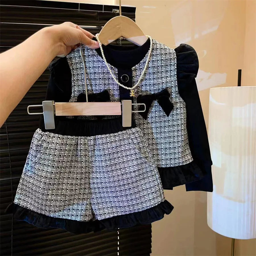 New Girls Autumn Winter Plaid Three Piece Set Solid Long Sleeves Top Boutique Vest Sister Matching Fashion Shorts for Girl