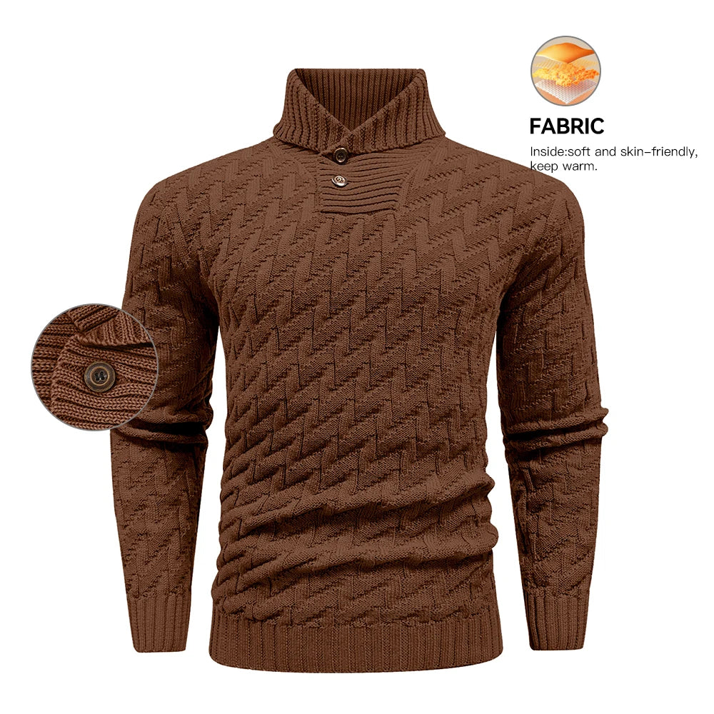 Men's Sweater Winter Shawl Collar Pullover Sweater Casual Cable Knit Button Sweaters Woolen Solid Color Tops US Size