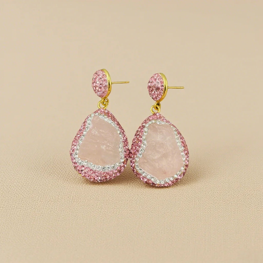 Healing Crystal Jewelry Set Rough Natural Pink Crystal Necklace Earring Ring for Women Handmade Raw Quartz Stone Wedding Gift