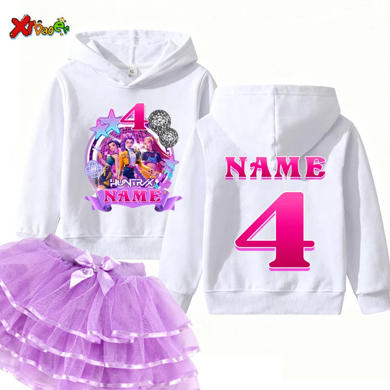 Kpop Hunter Girls Birthday Hoodies Girl Party Outfits Teen Girl Hoodie Kids Hooded Children Sweatshirt Birthday Tutu Set 5th 6th