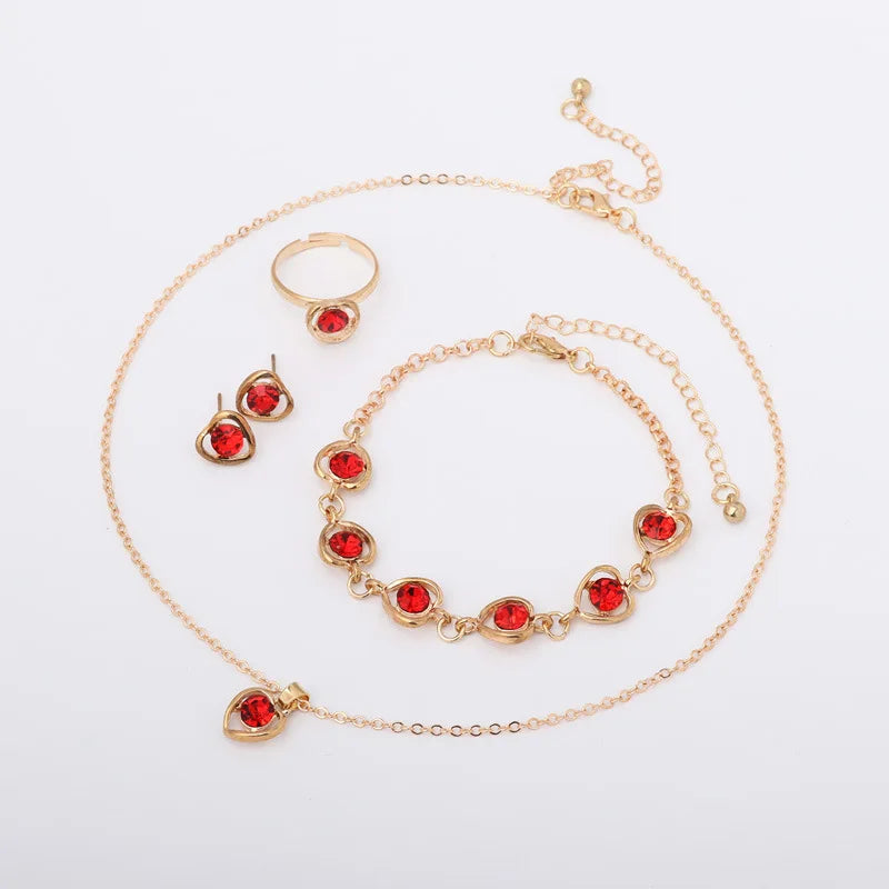 Women Crystal Love Jewelry 4 Piece Set Fashionable Elegant High End Peach Heart Necklace Earrings Rings Bracelets Necklace Set