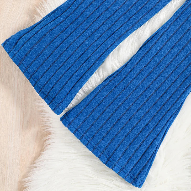 2 Pcs Kids Clothing Sets Outfits for Girls 2024 New Autumn Winter Children Fashion Knit Blue Long Sleeve Tops Flares Pant 7-14Y