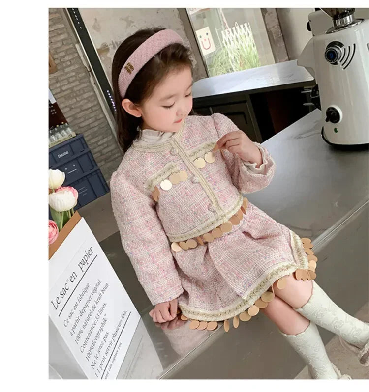 Kids 2Pcs Tweed Clothes Sets Girl Fashion Spring Winter Children Suits for 1-10Ys Elegant Sweet Outfit Kids Clothes