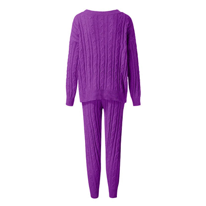 Knitted Pantsuit 2024 Ladies Solid Color Round Neck Cable Warm Sweater High Waisted Tight Elastic Bodysuit Slim Women Trousers