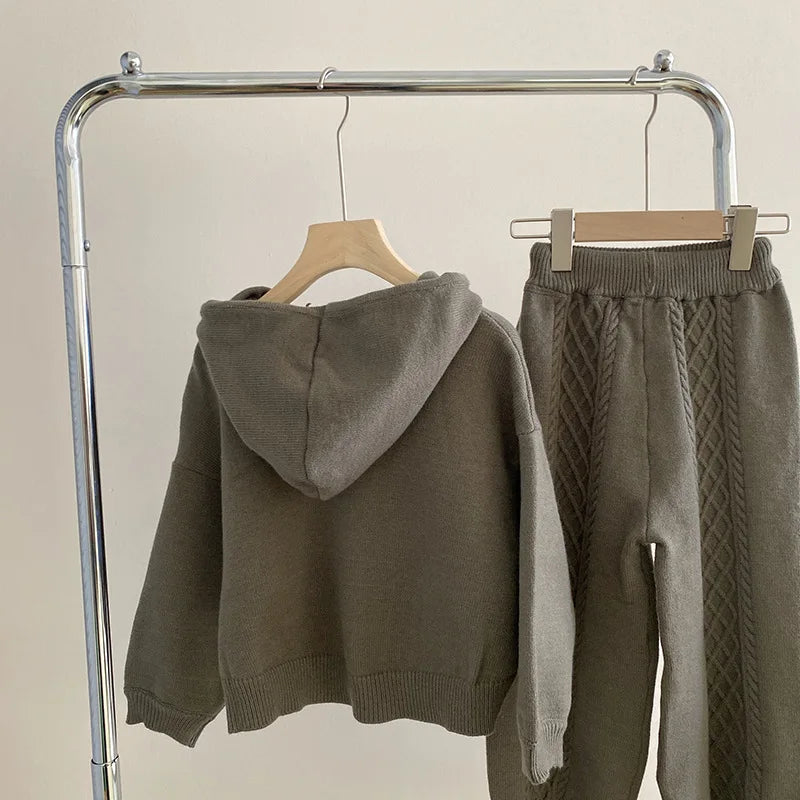 Children Clothing 2022 Autumn Winter Girls Casual Sweater Set Hooded Knitted Coat and Pants Two Piece Set Korean Kids Clothes