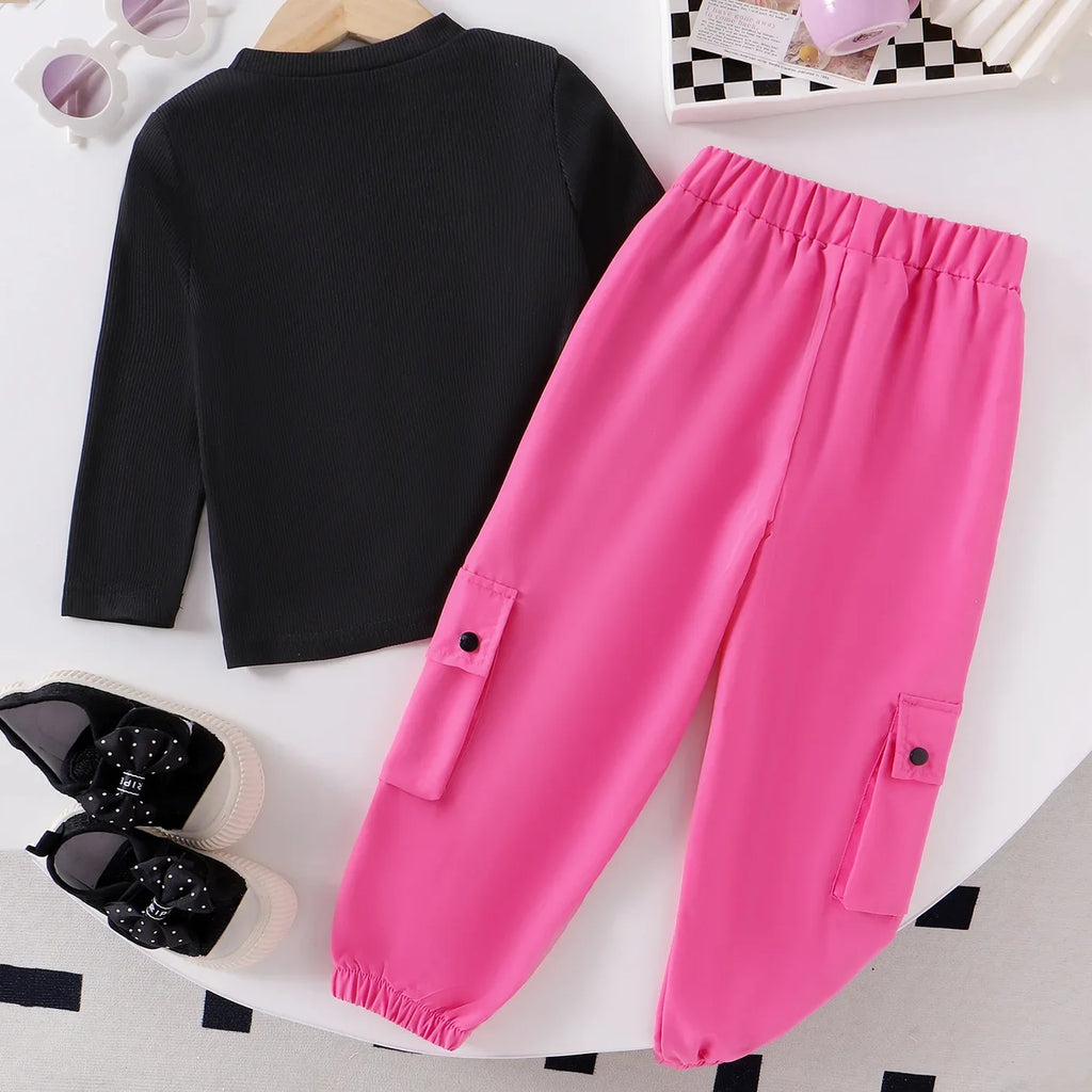 Kids Girls Two-piece Set Butterfly Appliqué Top with Cargo Pants Children Autumn and Winter Trousers New 2pcs/set Fashionable