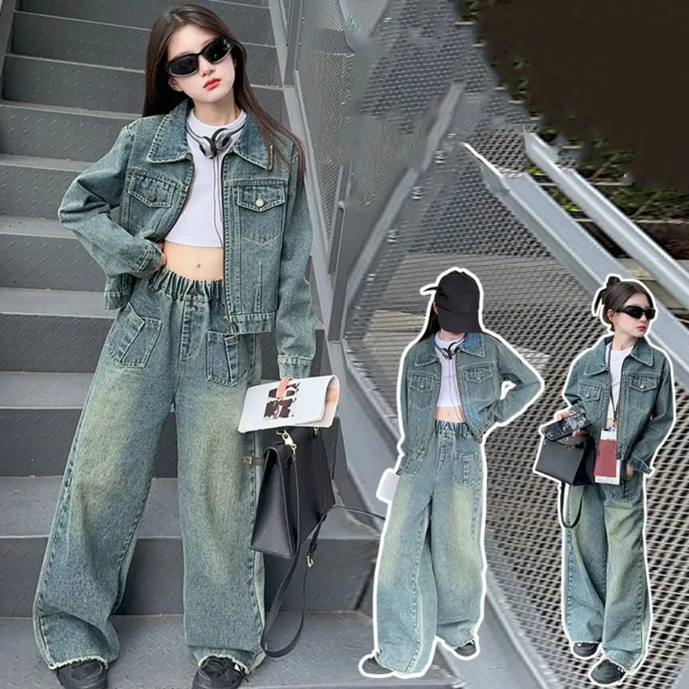 Two Pieces Set Y2K Children Cowboy Set Loose Teens Jeans Jacket Suit Retro Wide Leg Pants Girls Clothes Set Students