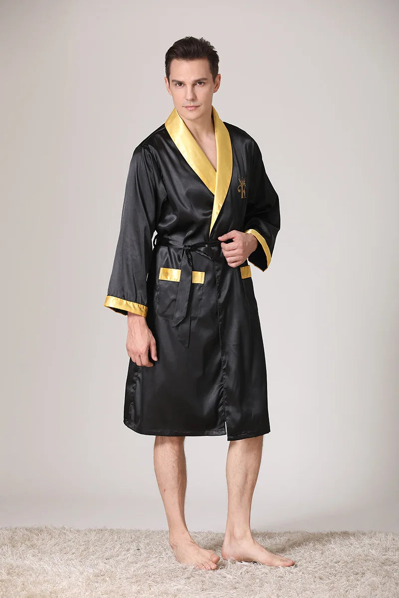 Men Kimono Satin Home Bathrobe Gown Satin Sleepwear Loose Loungewear Lapel Peignoir Homme Loose Nightwear Male Dressing Gown