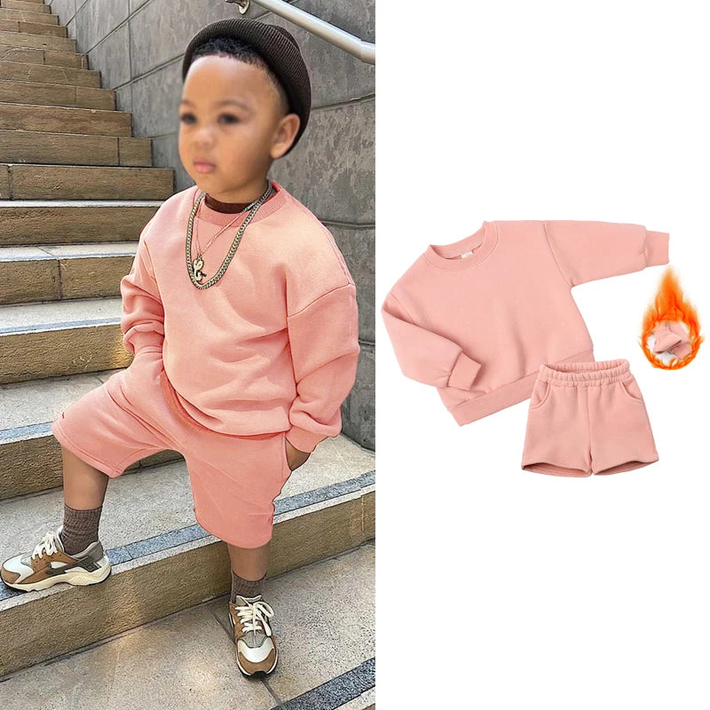 2025 New Winter Kids Boys Girls Clothes 2 Pieces Tracksuit Outfits Set Solid Top Sweatshirt+Elastic Joggers Shorts Causal Suit